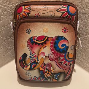 Anuschka Painted Elephant Travel Organizer Crossbody Bag Tan Leather Boho NWT